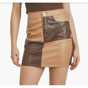 All in Favor Faux Leather Mini‎ Skirt Womens S Color Block Tan Cocoa Patchwork